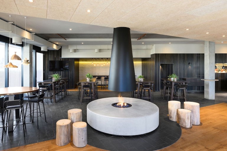 Hotel Realm Canberra's contemporary interior design and central fireplace