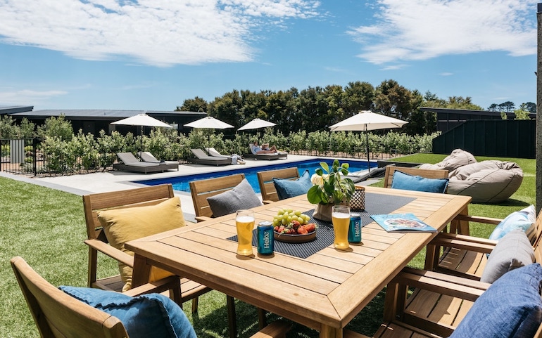 Villas Waiheke outdoor pool and shaded loungers