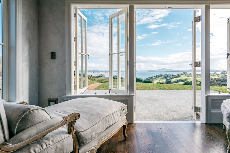 Vineyard and ocean views from Mudbrick Cottage