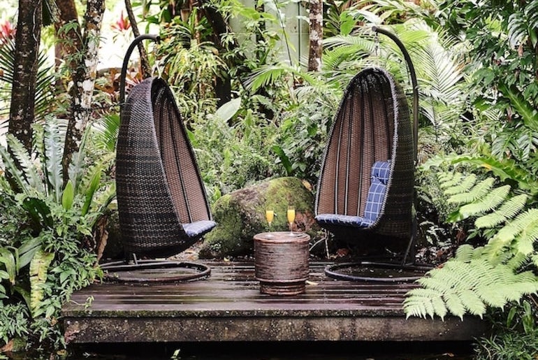 Seats and drinks for two amidst the forest at Daintree Ecolodge