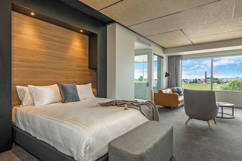 Peppers Silo Hotel's comfy suite with living area and open-plan layout