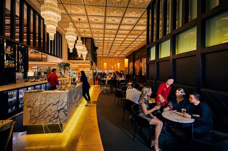 The Grand by SkyCity has a moody ambience inside the bar.