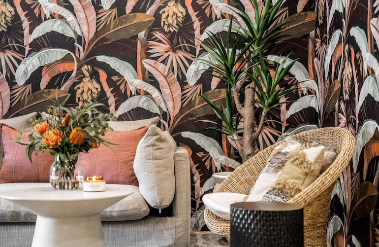 Tropical interior design and textured furnishings inside Byron Bay Hotel and Apartments