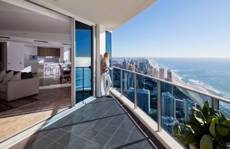 Spacious balcony overlooking the sea at Hilton Surfers Paradise Hotel & Residences