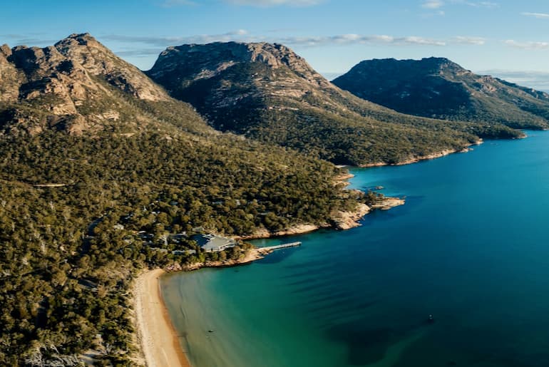 Aerial view of Freycinet Lodge and its beach