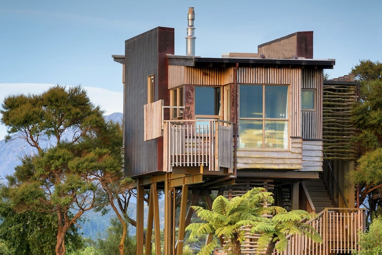 Exterior view of the lofty Hapuku Lodge & Tree Houses