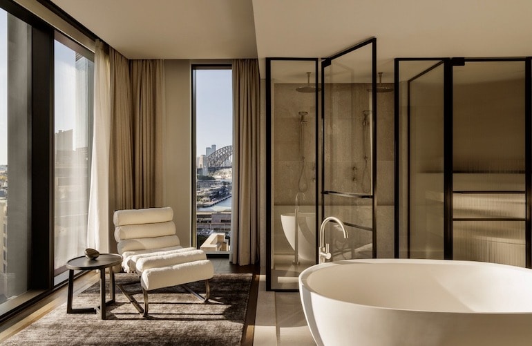 Capella Sydney's gorgeous neutral interiors, deep soaking tub and harbour views