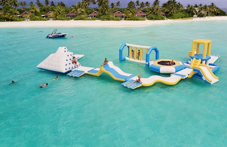 The Standard Huruvalhi's inflatable playground makes it a great family-friendly Maldives hotel
