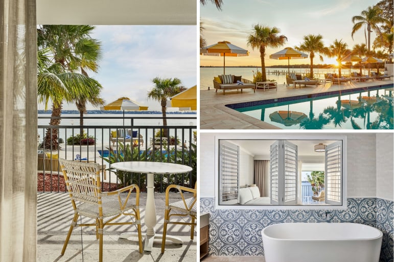 The Beachcomber Hotel & Resort restaurant, view, and deep soaking tub