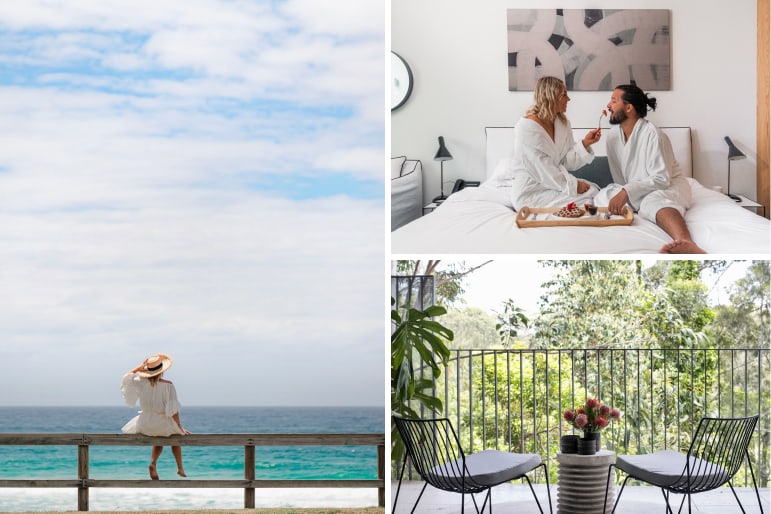 Bannisters Pavilion Mollymook private deck, breakfast in bed, and coastal location