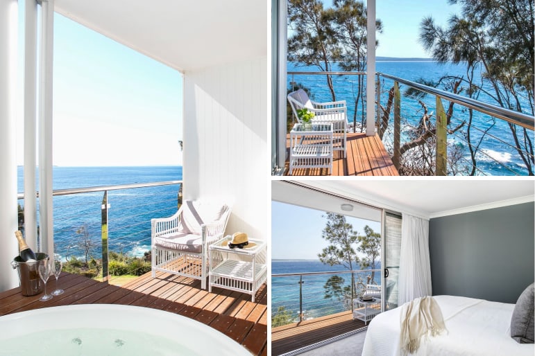 Bannisters by the Sea balcony view and spa tub, and ocean view bedroom